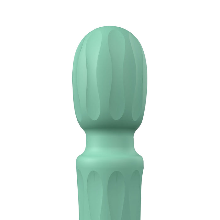 A mint green silicone personal massager with a textured head shown against a solid white background.
