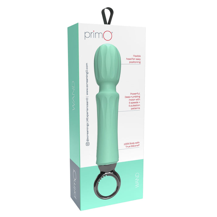 A mint green primO personal massager in its original retail packaging, featuring a ribbed handle and a black ring base, shown against a plain white background.