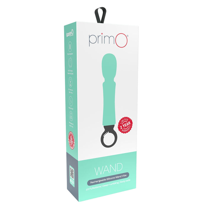 Primo WAND rechargeable silicone wand kit in its original retail packaging, featuring a mint green and white box with a graphic of the wand.