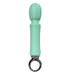 A mint green personal massager with a ribbed handle and a black metal ring attachment, shown against a plain white background.