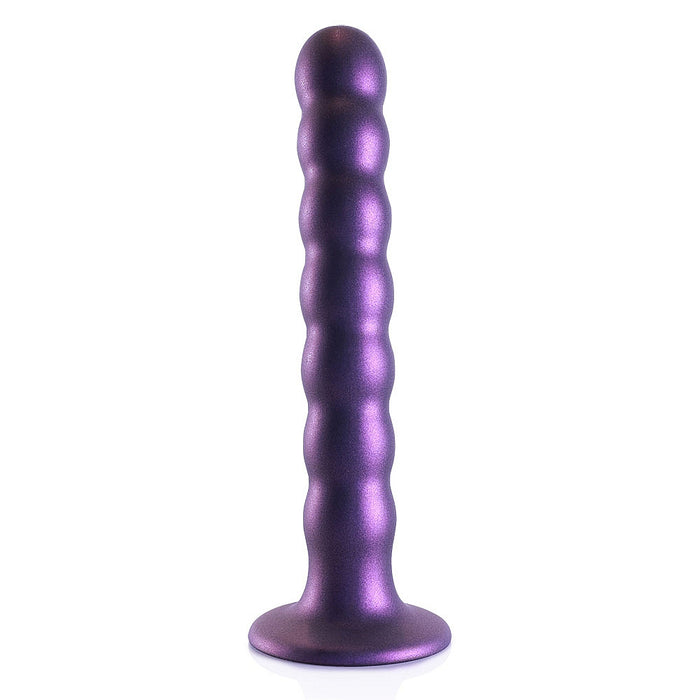 Purple beaded dildo with suction cup base on a white background