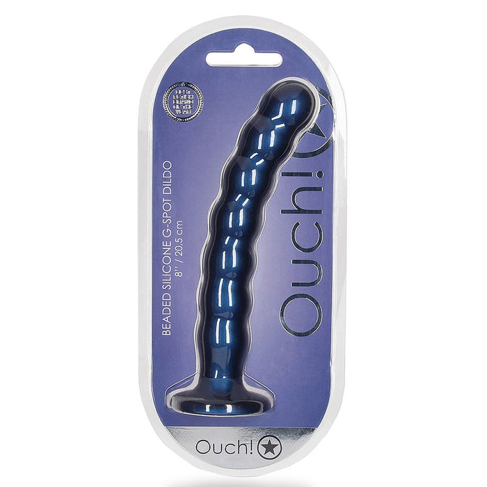 Shots OU824MBL Ouch! Beaded 8 Inch Dildo Metallic Blue package front