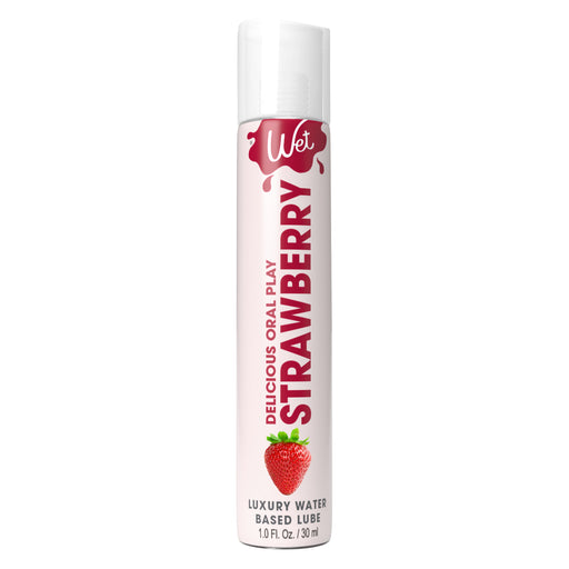 A 1 oz bottle of Wet Lubricant with 'Delicious Oral Play Strawberry' text on a white background
