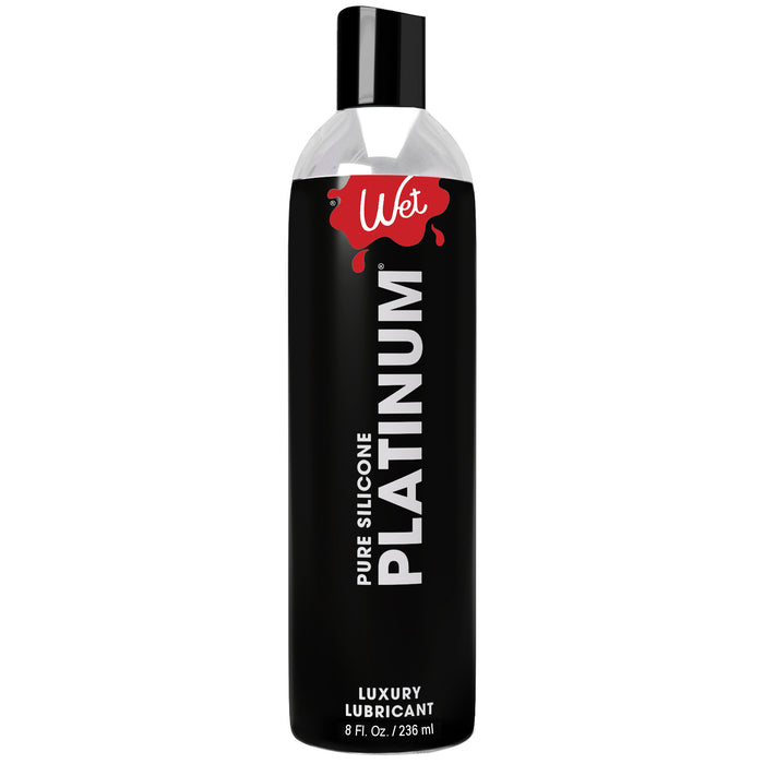 8 oz bottle of Wet Platinum pure silicone lubricant on a white background
