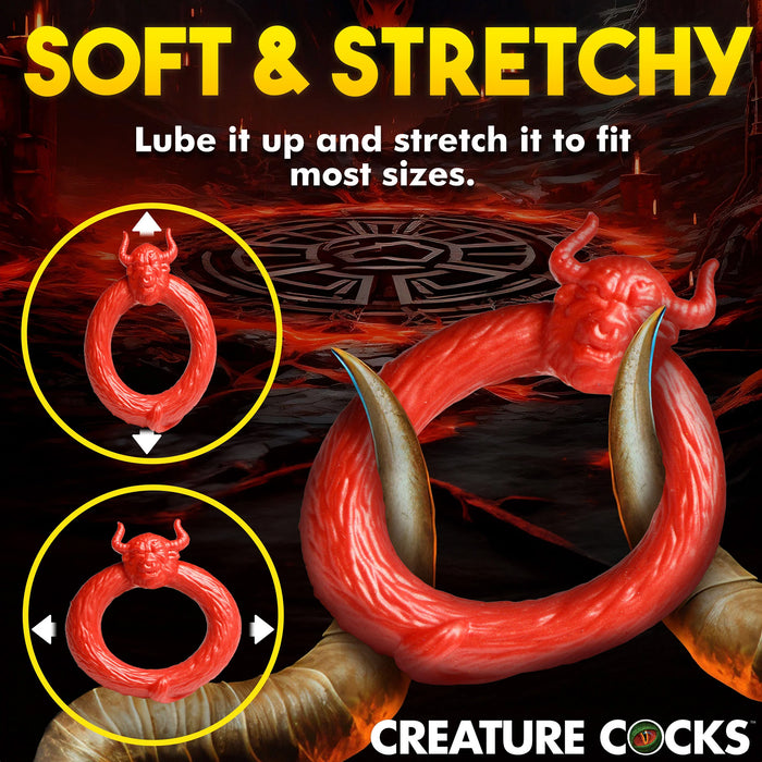 Red flexible cock ring with text about softness and stretchiness on a dark background.