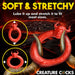 Red flexible cock ring with text about softness and stretchiness on a dark background.