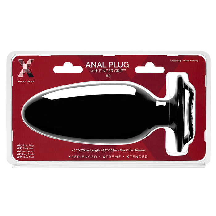 Black Xplay Finger Grip anal plug in red packaging on a white background