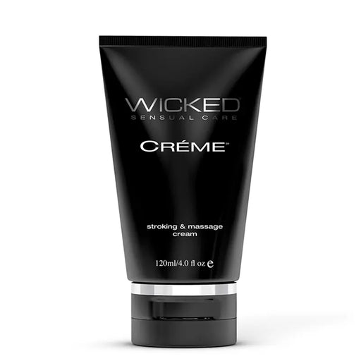 Black tube of Wicked Sensual Care Creme stroking & massage cream 4 oz on a white background
