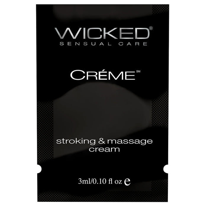 Black foil pack of Wicked Sensual Care Creme Stroking and Massage Cream 3 ml 0.10 fl oz on a white background
